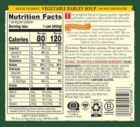 14.1 Oz Amys Soup, Vegan Vegetable Barley Soup, Low Fat, Made With Organic Tomatoes, Carrots and Celery, Canned Soup