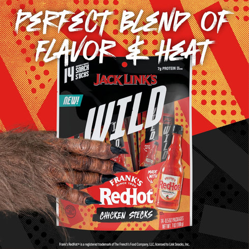 7g 0.5 Oz. (14 Count) Jack Link's Wild Mini Chicken Sticks Made with Frank's RedHot Flavor of Protein Snacks, On The Go