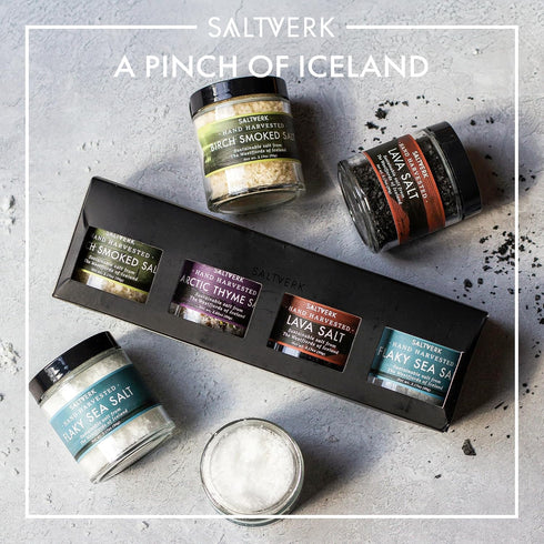Set 4 12.33 Oz Saltverk Salt Gift - Includes Jars - Flaky, Lava , Birch Smoked, Arctic Thyme Sea Salts- Gourmet