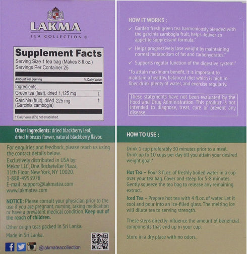 Lakma Garcinia Cambogia Green Tea with Blackberry, 25 Tea Bags