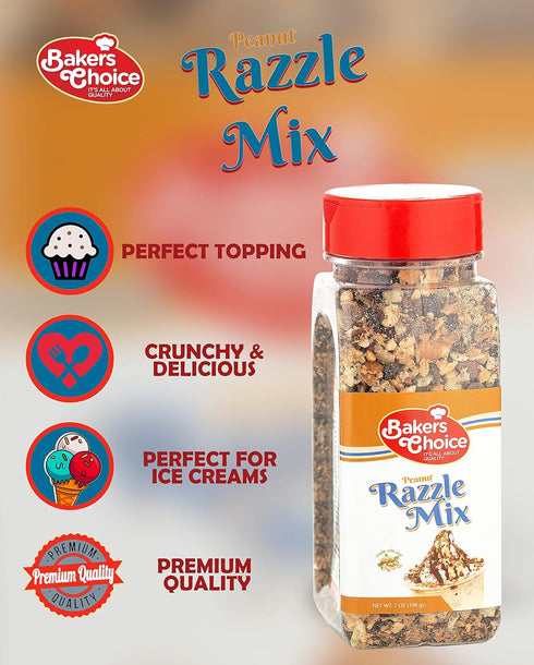 Baker's Choice 7 oz. Peanut Razzle Crunch Topping - Chocolate, Caramel, Butterscotch and Peanut Mix - Sprinkles for Ice