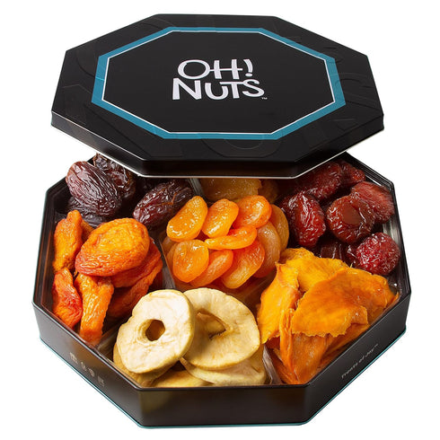 7 Oh! Nuts Dried Fruit Gift Basket Variety Tin Box - Gourmet Arrangement Platter - Healthy Food Snack Box for Birthday