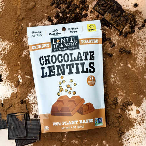4 oz 3 Pack Lentil Telepathy Chocolate Crunchy Whole Lentil Snack, Rich Cocoa Flavor, OIL FREE, Never Fried, Plant