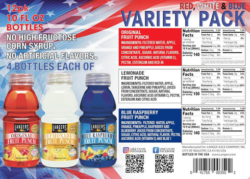Pack, 10 Oz (Pack 12) Langers Red, White and Blue Fruit Punch Variety Fl