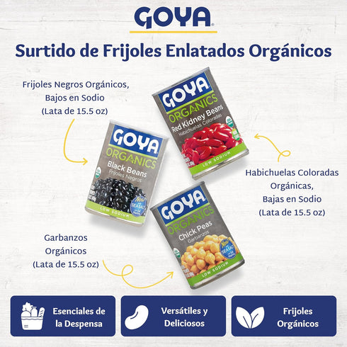 15.5 oz Goya Canned Bean Sampler - Black Beans, Red Kidney Beans, Chickpeas, Organic & Low Sodium, Each - Great