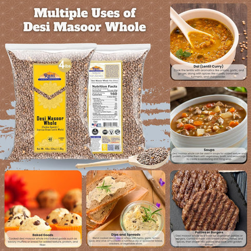 64oz (4lbs) 1.81kg Rani Desi Masoor (Masur) Whole (aka. Pardina Spanish/American Brown Lentils Whole) Bulk ~ All