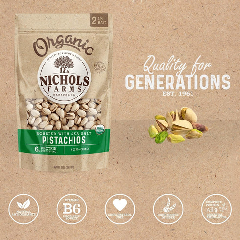 32-Ounce Nichols Farms California Pistachios Roasted Salted, Organic With Sea Salt, Bag