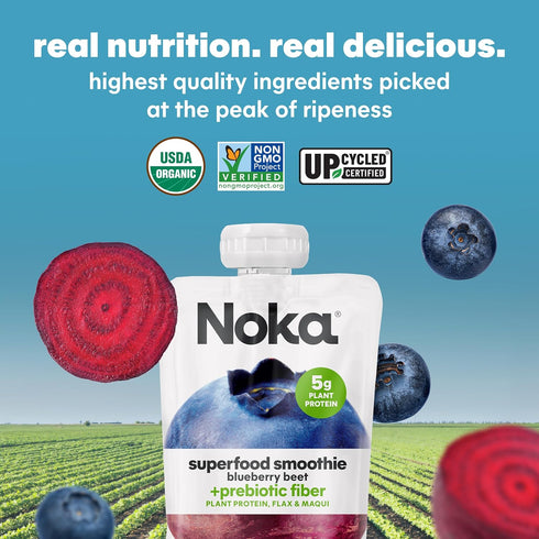 4.22 oz, 12 Count Noka Superfood Fruit Smoothie Pouches, Blueberry Beet, Healthy Snacks with Flax Seed, Prebiotic Fiber