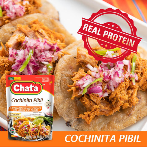 Pack, 8.8 oz (Pack 6) Chata Variety Mexican Shredded Meats with Pork, Chicken, Turkey and Pork Crackling