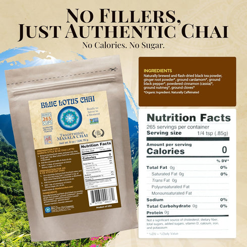 265 8 Blue Lotus Chai Traditional Masala Chai - Makes Cups Just Add Hot Water, No Steeping, No Gluten - Ounce Masala
