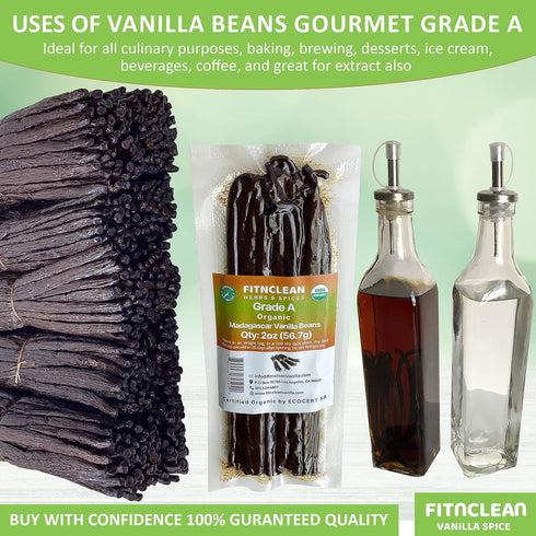 2oz 6"-8" Madagascar Organic Vanilla Beans Gourmet Grade A. Certified USDA Organic by FITNCLEAN VANILLA Bourbon Fresh