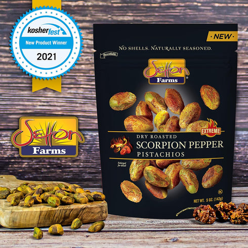 Setton 5 Oz Farms Pistachios, Scorpion Pepper Extreme Flavor, Naturally Seasoned, Dry Roasted No Shell, Non-GMO Project