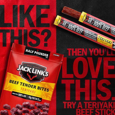 10g 70 100% Jack Link's Beef Tender Bites, Teriyaki, Half Pounder Bag - Flavorful Meat Protein Snacks for Lunches
