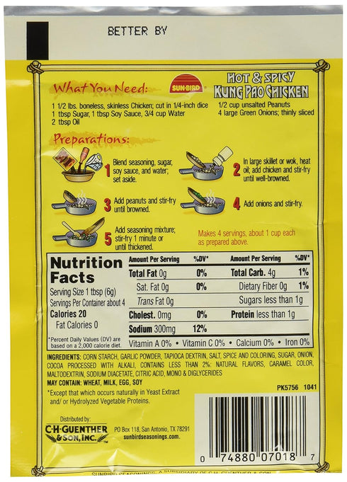 Sun-Bird HOT & SPICY KUNG PAO CHICKEN Asian Seasoning Mix, 4-pack, .87oz