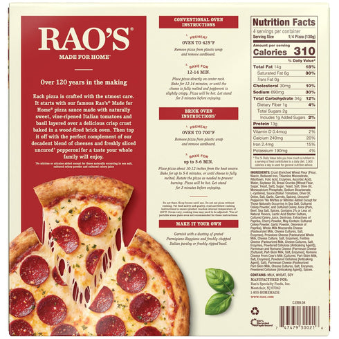 Frozen 18.3 Oz Rao's Made For Home Uncured Pepperoni Pizza Pizza, Box