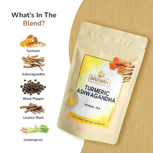 BREWIX, Turmeric Ashwagandha Herbal Tea Bags (20 Pyramid Tea Bags) Real Ingredients From India, Caffeine Free & Naturally Gluten Free | 100% Pure Herbal Blend Packed in Resealable Ziplock Pouch