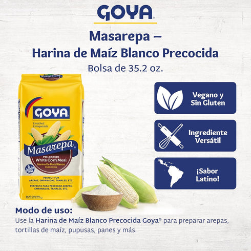 Pack 2 (35.2 oz Goya Pre-Cooked White Corn Meal for Cooking, of Bags) Authentic Masa Harina for Arepas, Empanadas