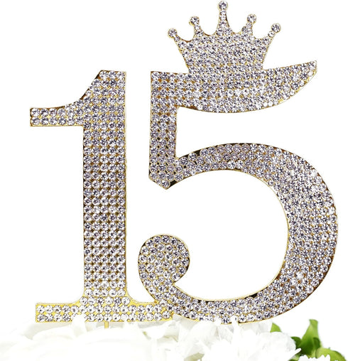 Number 15 Quinceanera Rhinestone Princess Crown Monogram Cake Topper, Sweet 15th Birthday Party (Gold)