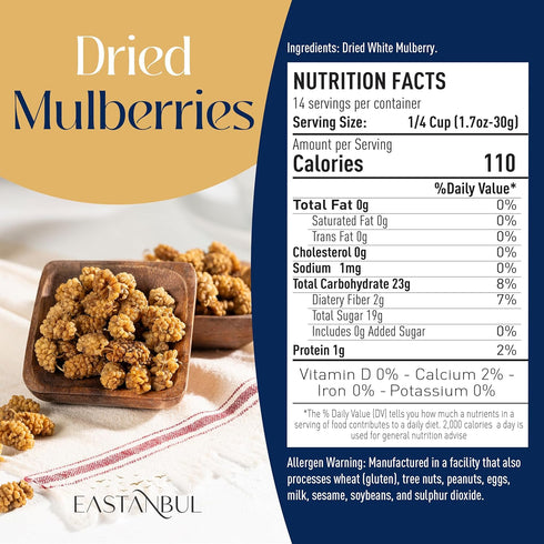 Mulberry, Mulberries, 14.5oz, Eastanbul Dried Sun Dried White, Natural, Unsweetened, Non-GMO, Gluten Free, Vegan
