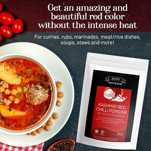 SpiceFix Kashmiri Red Chilli Powder - Mild to Medium Heat, Sun-Dried Indian Red Chili Powder in Resealable Bag, 7 Ounces