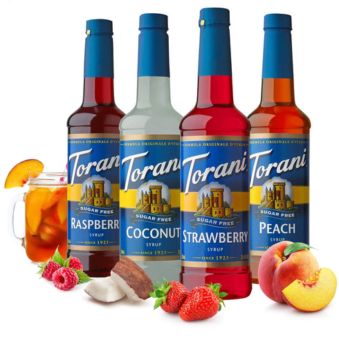Pack, 25.4 oz, (Set 4) Torani Sugar Free Flavored Drink Syrup Soda Flavors Variety Raspberry, Coconut, Strawberry