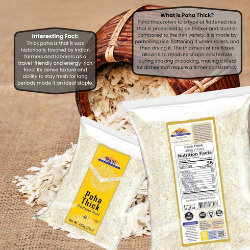 14oz (400g) Rani Poha (Powa) Thick Medium-Cut (Flattened Rice) ~ All Natural, Salt-Free | Vegan | Kosher | No Colors |