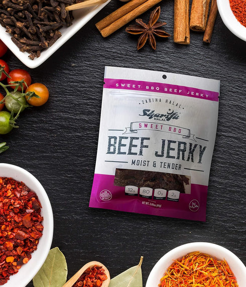 SHARIFA HALAL (1) 2.85 oz. 100 12g 80 0g 2g Beef Jerky, Sweet BBQ, Bag Great Everyday Halal Jerky Beef Meat Snack, %