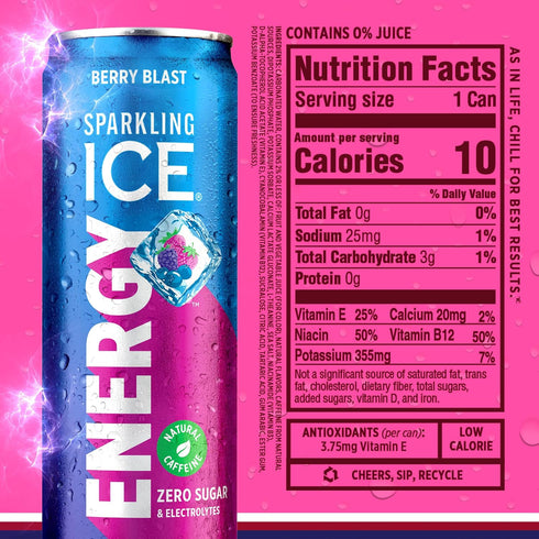 12Pk. 12 oz Sparkling Ice Energy Variety Energy Drinks with Vitamins + Antioxidants, Zero Sugar, Berry Blast, Maximum