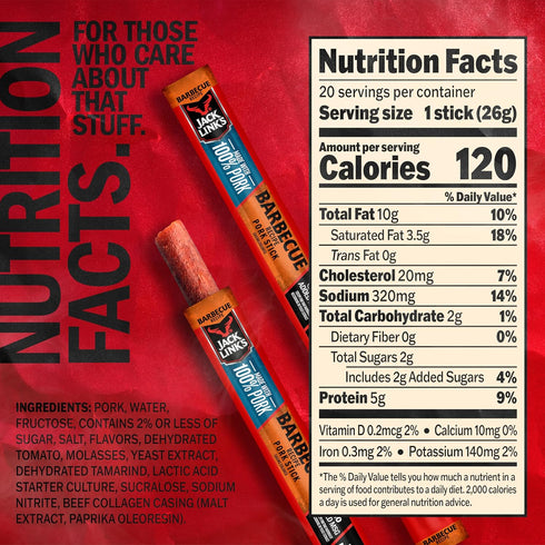 5g 100% 0.92 Oz. (1 Count) Jack Link's Meat Sticks, Barbecue Recipe Pork - Protein Snack Stick with of Protein, Meat