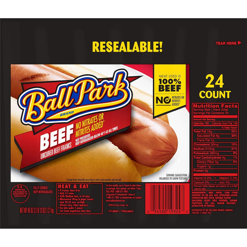 Ball Park - Franks Ball Park Beef Hot Dogs, Original Length, 24 Count (Club Pack)