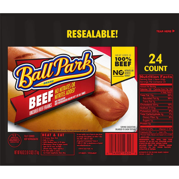 Ball Park - Franks Ball Park Beef Hot Dogs, Original Length, 24 Count (Club Pack)