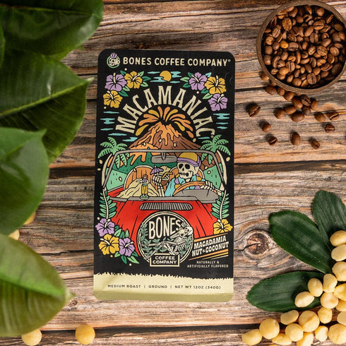 12 Oz Bones Coffee Company Macamaniac, Macadamia and Coconut Flavored Coffee, Medium Roast Low Acid Arabica Beans