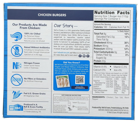 Bell & Evans Frozen 16 oz , Chicken Burger Patties (Raised without Antibiotics)