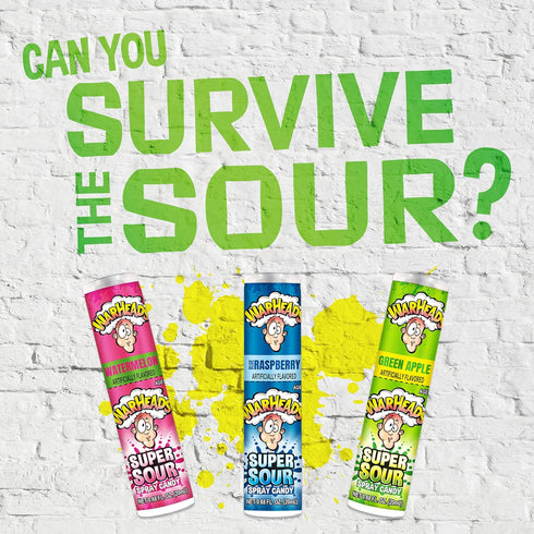 WARHEADS Super Sour Candy Spray, 3 Pack of Blue Raspberry, Green Apple, and Watermelon Flavors, 0.68 oz Bottles