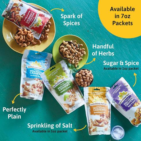 12-Pack, 1.05 oz. Packs Sunshine Nut Company Whole Roasted Lightly Salted Cashews, Sugar and Spice Flavor, Each, Gluten