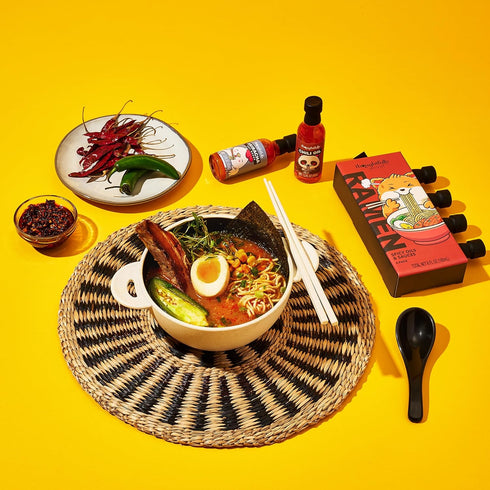 Thoughtfully Gourmet Ramen Spicy Oils and Sauces Set of 4, Includes Soy Sauce, Chili Oil, Sesame Oil, Sriracha