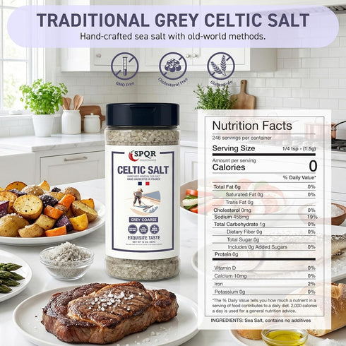 13oz. Celtic Salt Grey Coarse Grain Unrefined Mineral Sea Salt Hand Harvested in France XL Bottle by SPQR Seasonings