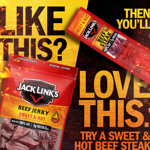 9g 100% 9 Oz. (Pack 2) Jack Link's Beef Jerky, Sweet & Hot, Large Jerky Bags - Flavorful Meat Snacks, Ready to Eat