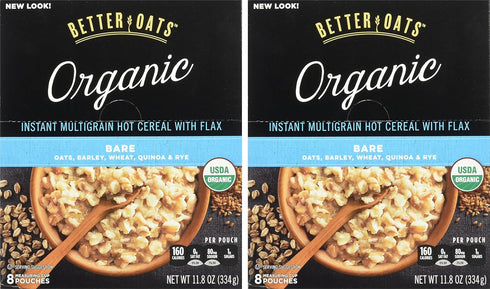 Better Oats 8 (Pack 2) Raw Pure & Simple Organic Bare, Instant Multigrain Hot Cereal with Flax, Pouches