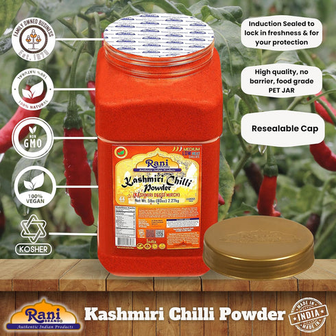 80oz (5lbs) 2.27kg Rani Kashmiri Chilli Powder (Deggi Mirch, Low Heat) Ground Indian Spice PET Jar ~ All Natural |