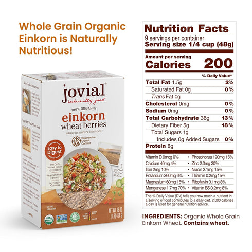 100% 16 Oz, 3 Pack Jovial Einkorn Organic Wheat Berries - Einkorn Berries, Organic Farro, High Protein, Non-GMO, USDA