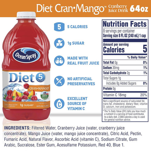 64 Oz (Pack 1) Ocean Spray Diet Cran-Mango Cranberry Mango Juice Drink, Fl Bottle