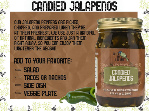 2 16 Green Jay Gourmet Pickled Candied Jalapeos in a Jar - Fresh Hand Jarred Vegetables for Cooking & Pantry