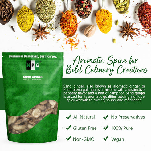 NPG Dried Galangal Root Sand Ginger Sliced - 16 Oz, Natural NON GMO Ingredient for Tom Yum and Tom Kha Soups