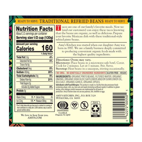 15.4 Oz Amy's Organic Refried Beans Canned, Traditional Refried Beans, Vegan Gluten Free and Vegetarian