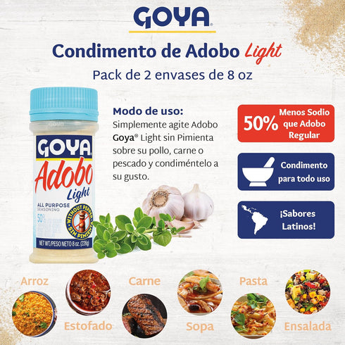8oz. Pack 2 Adobo All Purpose Seasoning Light without Pepper by Goya, Poultry, Seafood, Meat, and Vegetable Seasoning
