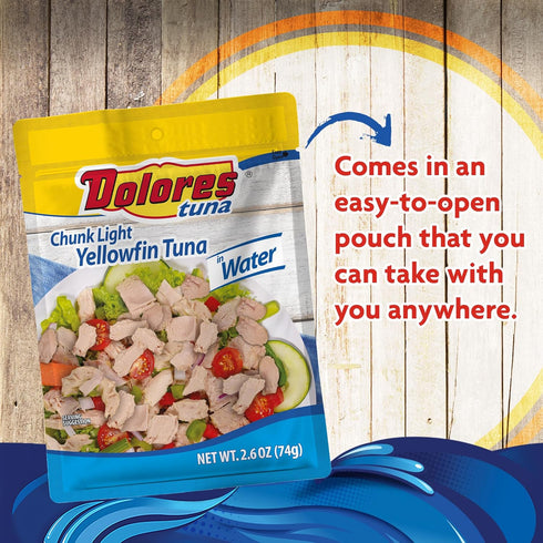 2.6 oz (Pack 24) Dolores Chunk Light Yellowfin Tuna in Water, Pouch Ready-to-Eat Tuna, Mild Flavor, Convenient