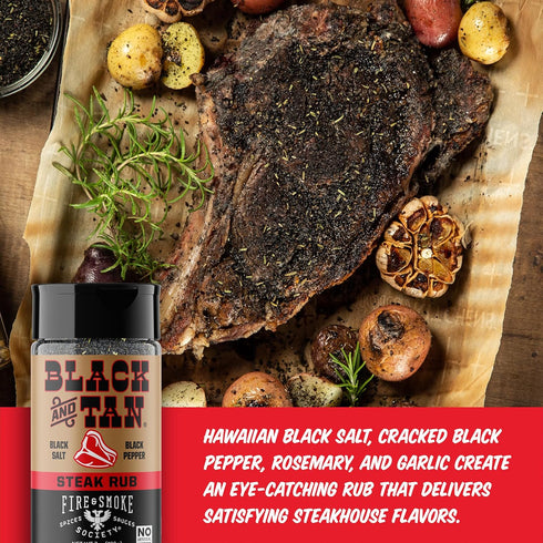 Fire & Smoke Society Black & Tan Steak Seasoning | BBQ Rubs, Steak Rub for Smoking and Grilling Meat | Steaks, Brisket, Burgers Dry BBQ Rubs and Spices | M 7 oz