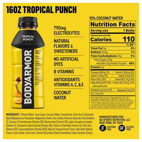 Potassium-Packed 16 Oz (Pack 12) BODYARMOR Sports Drink Sports Beverage, Tropical Punch, Coconut Water Hydration