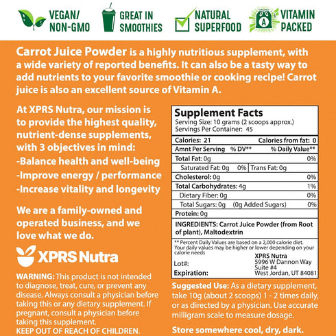 100% (16 oz) XPRS Nutra Natural Carrot Juice Powder - Pure Carrot Powder from The USA - Ideal for Juice and Smoothie